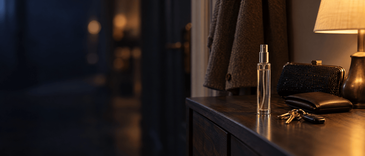 A plain pheromone cologne spray bottle on an entryway table beside keys, a wallet and a clutch, ready to head out