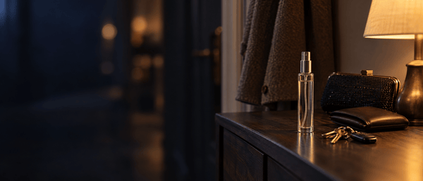 A plain pheromone cologne spray bottle on an entryway table beside keys, a wallet and a clutch, ready to head out