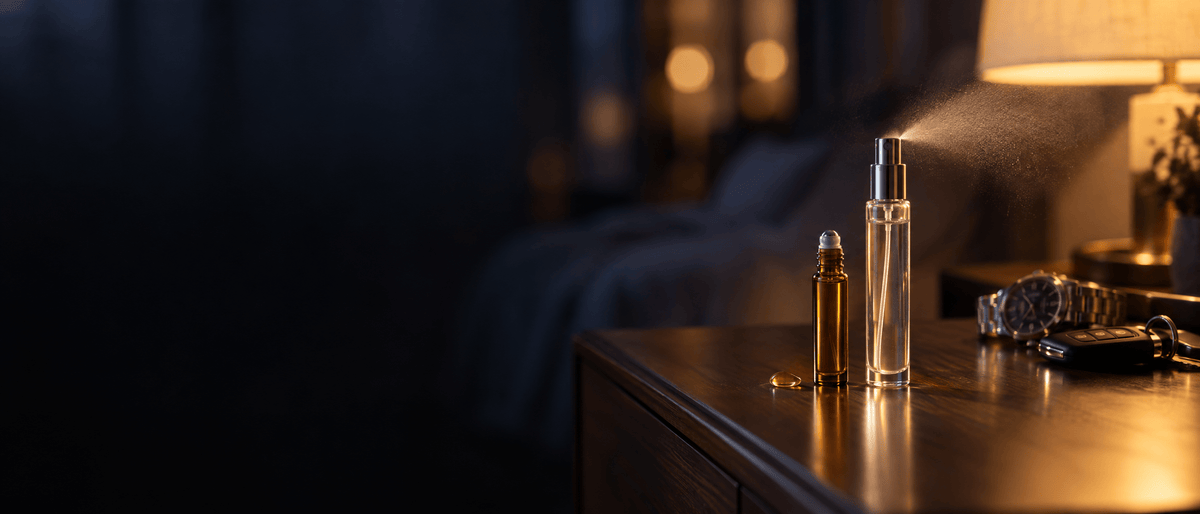 An amber pheromone oil roller vial beside a glass pheromone spray atomizer on a dresser, ready for an evening out