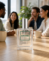 Bottle of Aware Confidence Enhancer on a wooden table, with four colleagues talking in an office behind it
