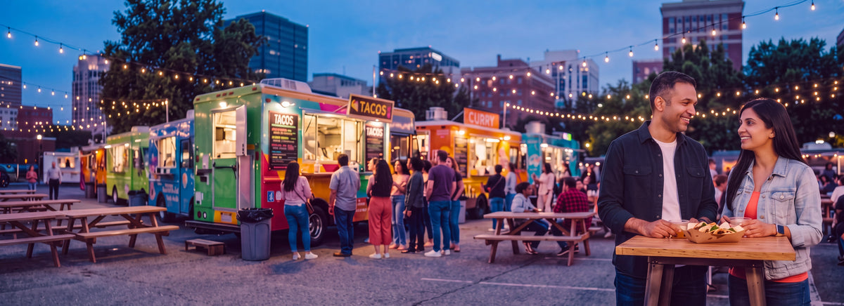 A couple on a date sharing tacos at a food-truck night market under string lights