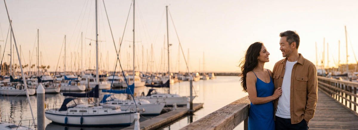 A couple smiling at each other on a marina boardwalk at golden hour