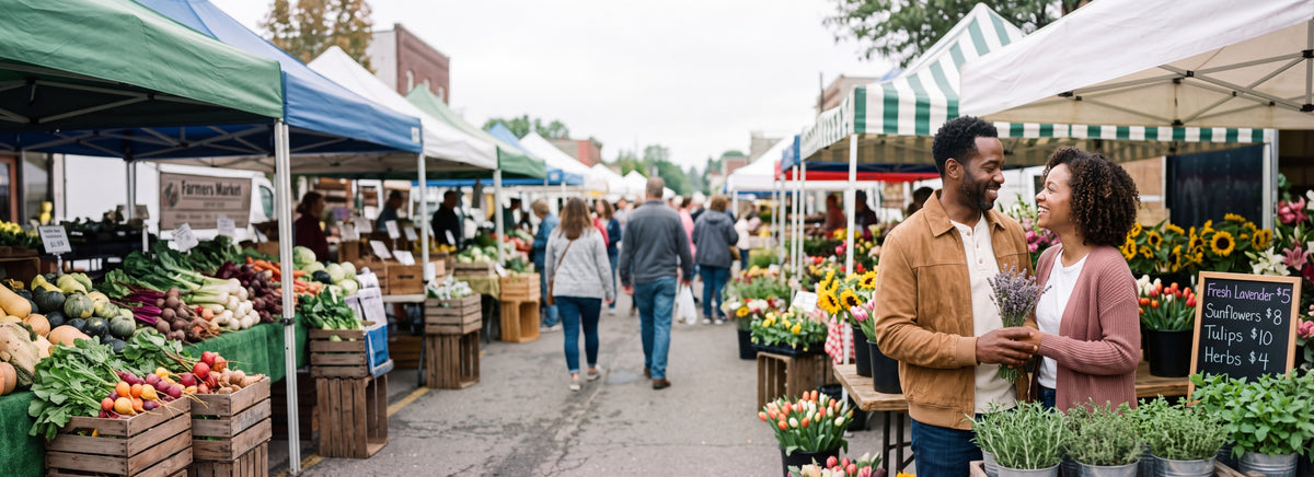 A couple sharing a bunch of lavender at a Saturday farmers market flower stall